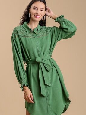 Umgee Crochet Lace Linen Blend Shirt Dress NWT